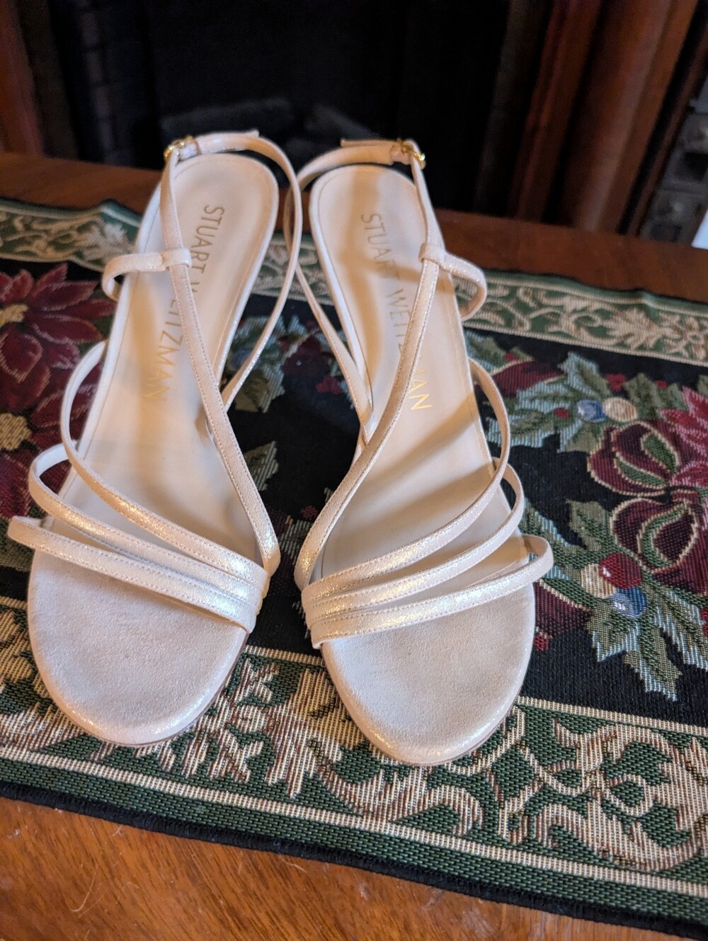 Stuart Weitzman Nude Shimmer Strappy Slingback Heels Size 8.5 Made in Spain - Picture 2 of 7